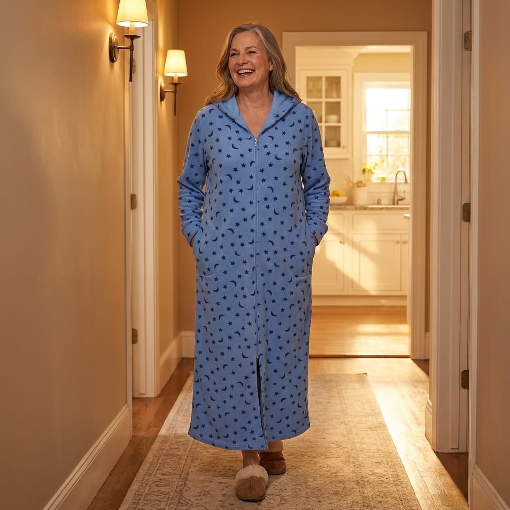 Full-length view of a woman walking in a long fleece robe with her hands in the side pockets