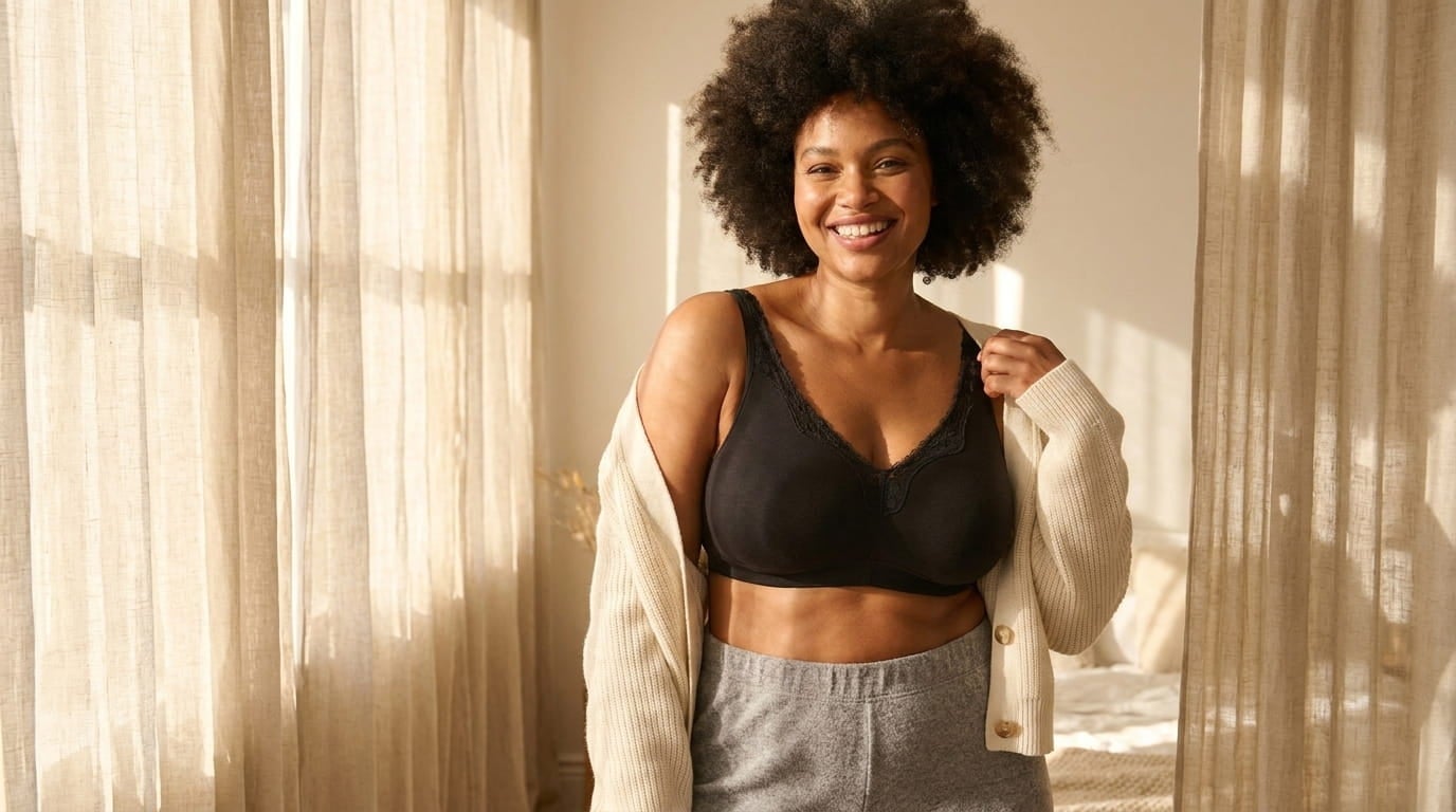 Smiling plus-size woman in a full-coverage cotton wireless bra and lounge pants in a sunlit bedroom