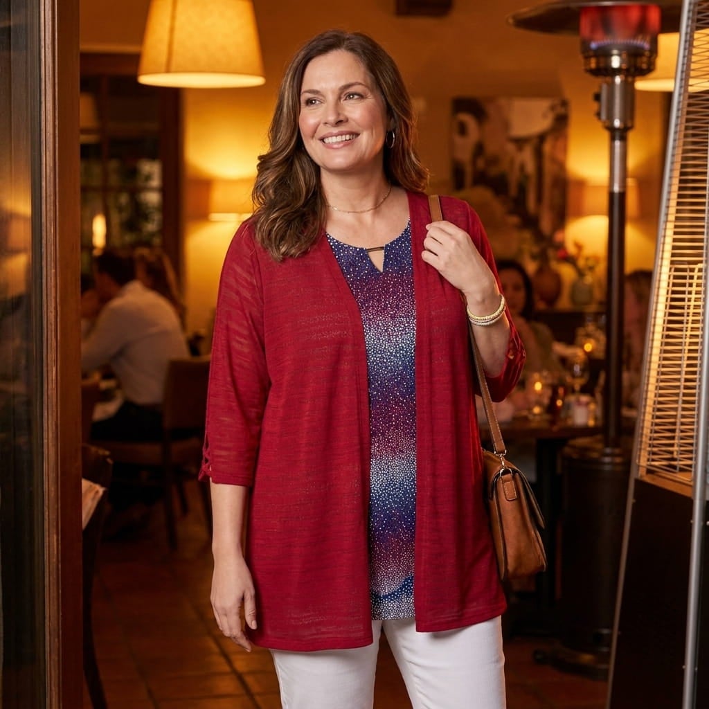 Smiling plus-size woman in her 60s wearing an open-front cardigan over a tank at a restaurant