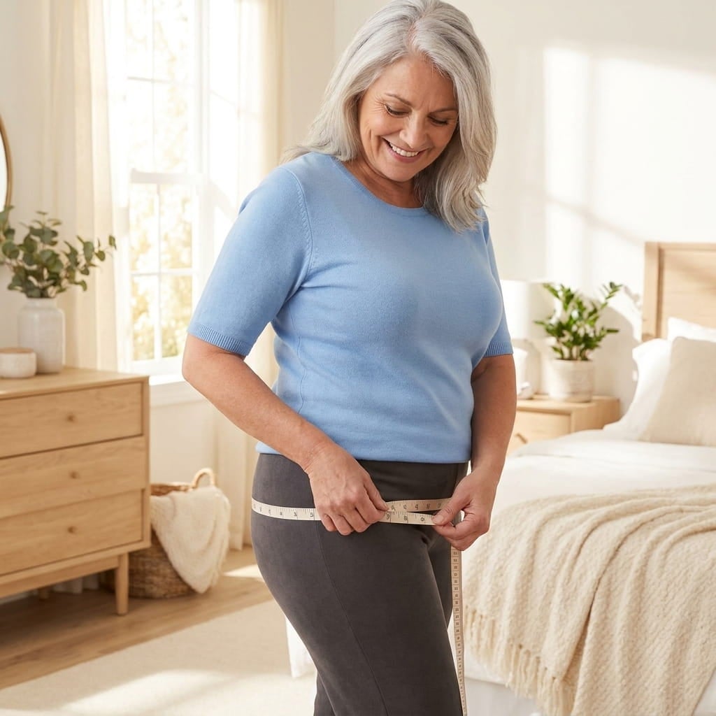 Woman wrapping a soft measuring tape around the fullest part of her hips over lounge pants