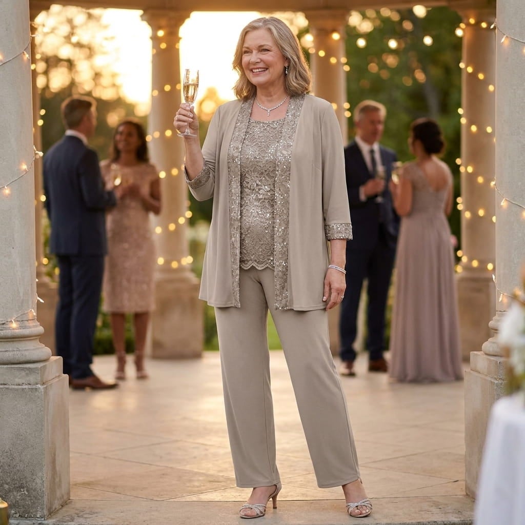 Smiling plus-size woman in a three-piece lace pant suit toasting at a formal wedding reception