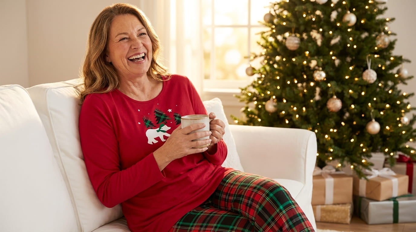 Smiling plus-size woman in a long sleeve knit pajama set relaxing on a sofa beside a decorated holiday tree