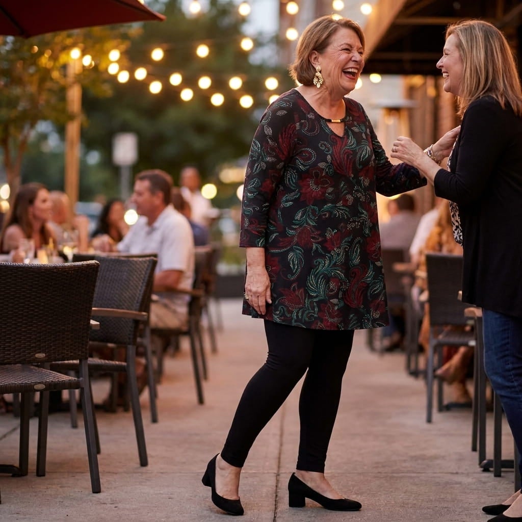 Smiling plus-size woman in a swing tunic, black leggings and block heels on a restaurant patio at dusk