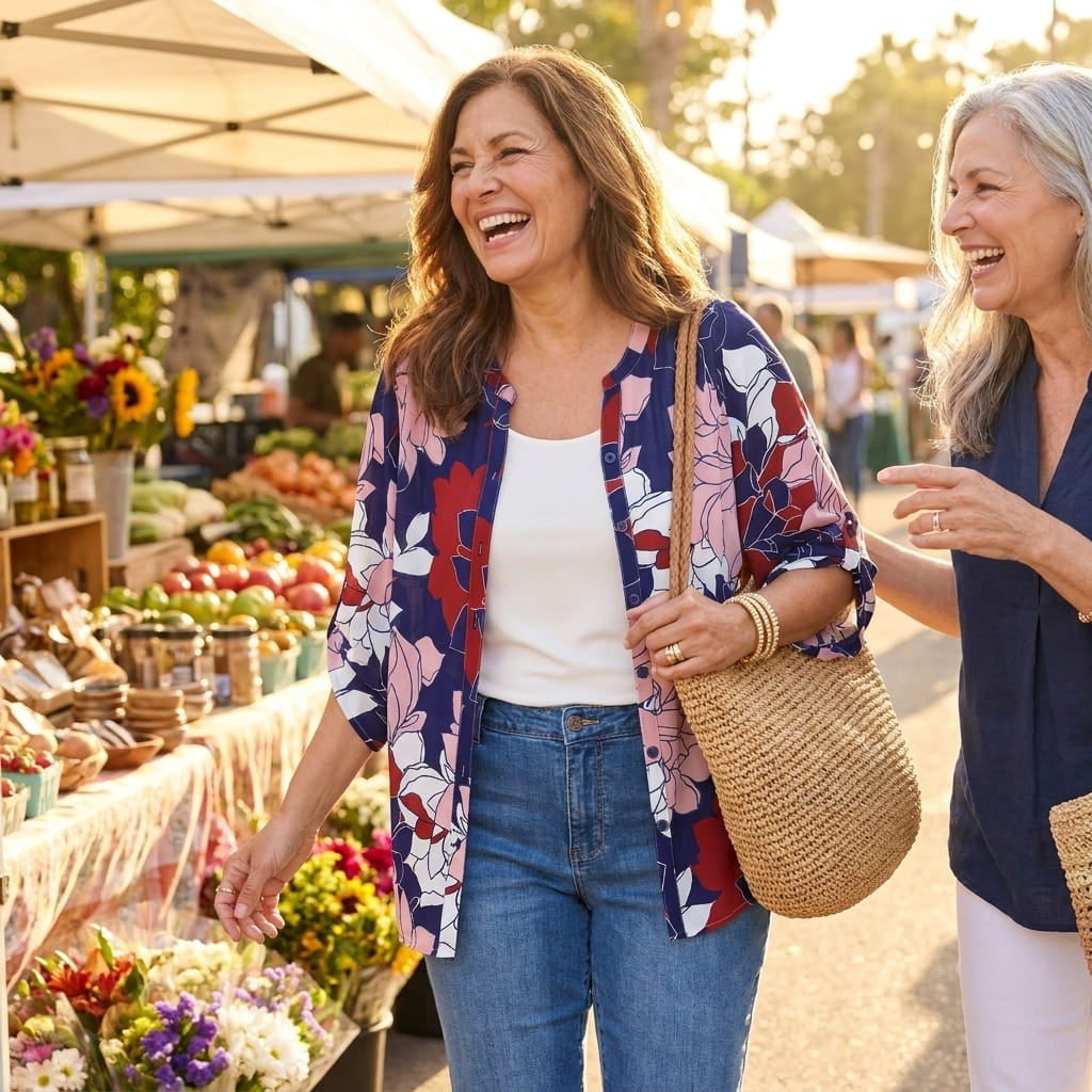 Woman wearing an open georgette blouse over a tank with jeans, laughing at an outdoor market