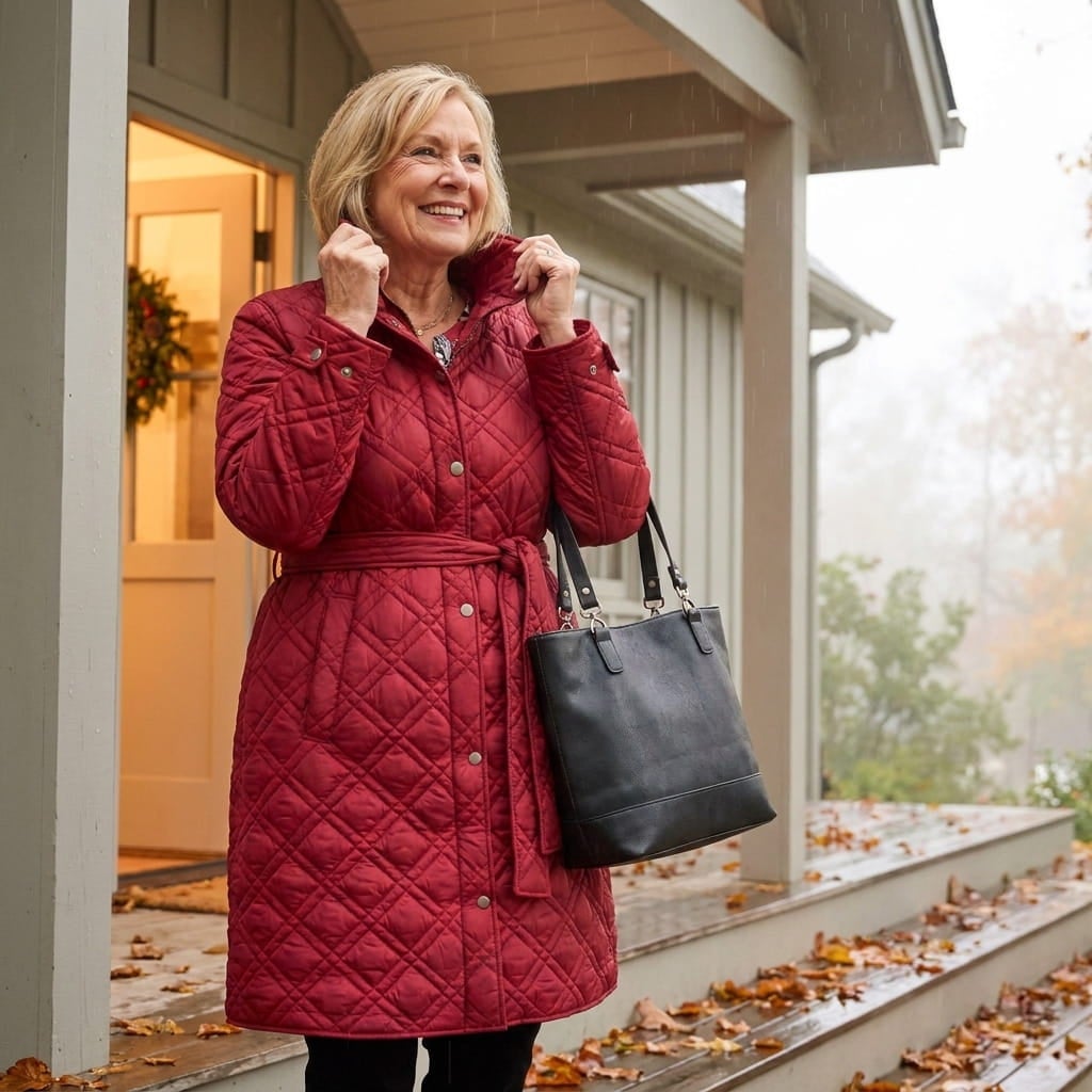 Smiling plus-size woman in her 60s pulling up the hood of a rain jacket on a porch on a rainy autumn morning