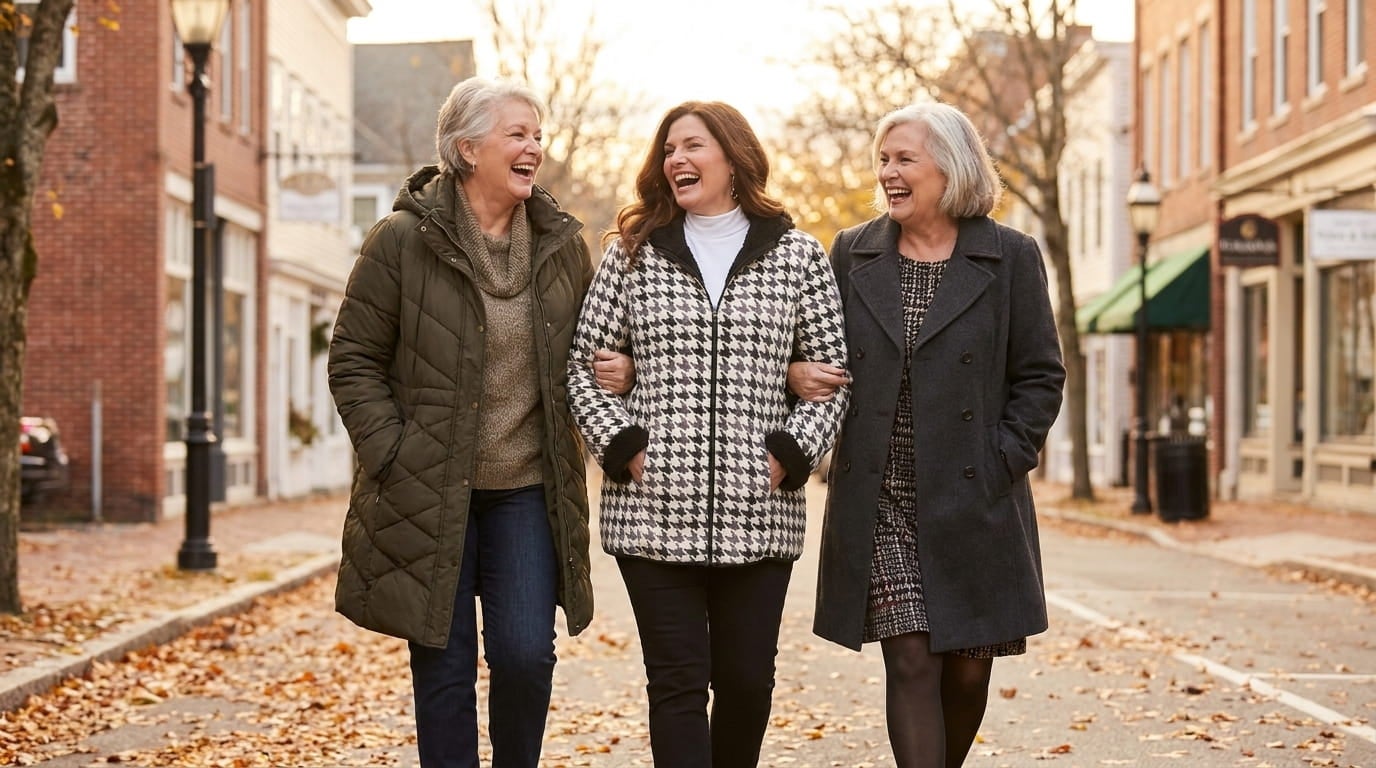 Three women in a puffer, a wool coat and a printed fleece coat walking together on an autumn street
