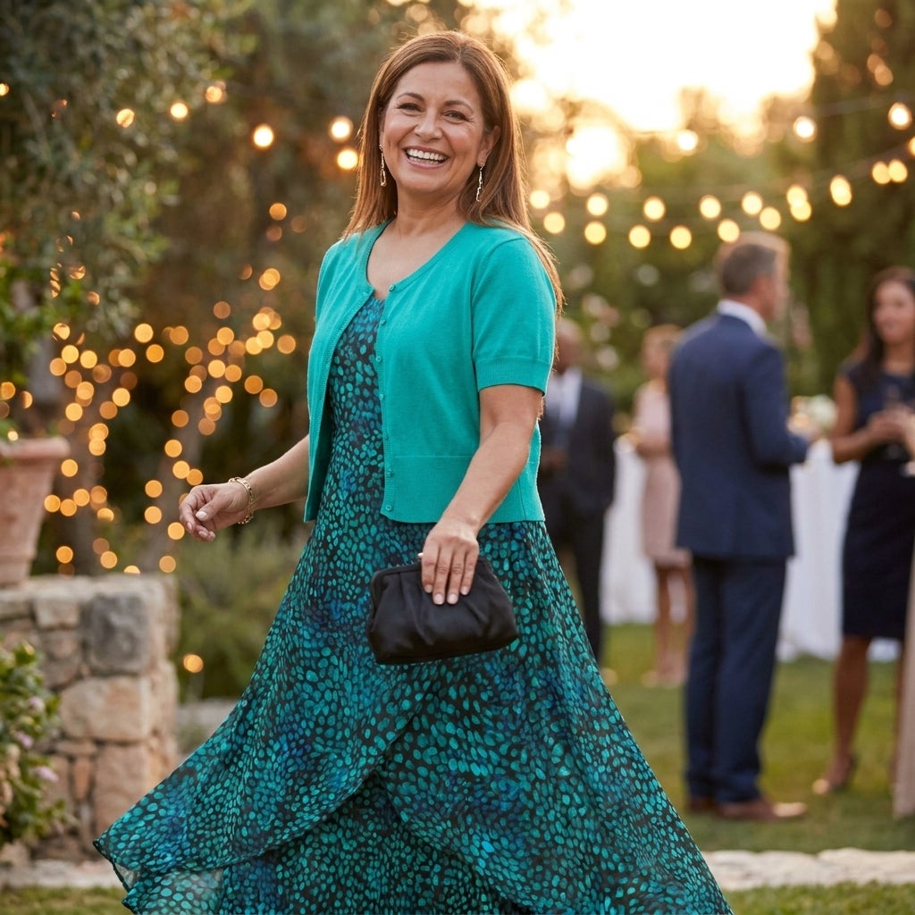Petite plus-size woman turning in a georgette flyaway maxi dress on a garden terrace at an evening event