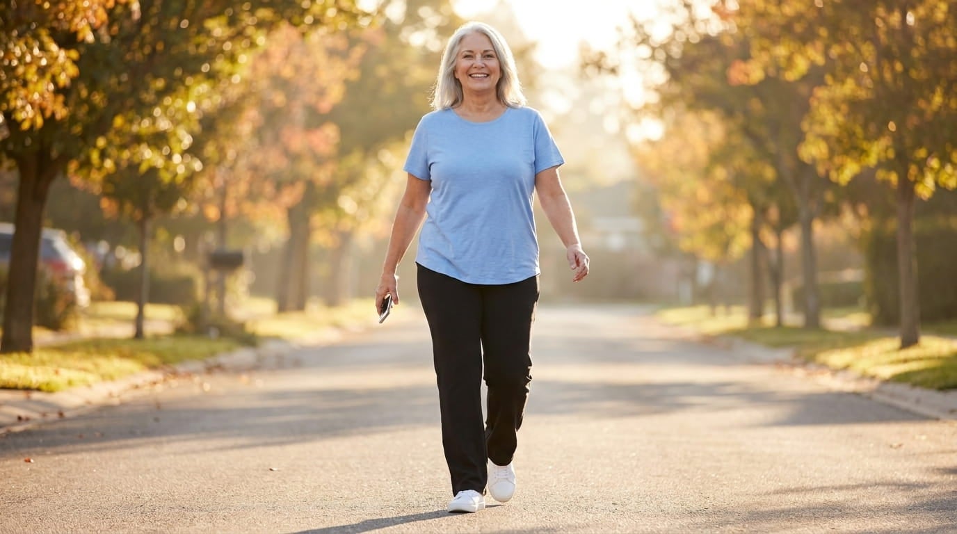 Plus-size woman in her 60s walking a sunlit park path in a pull-on knit activewear pant and sneakers