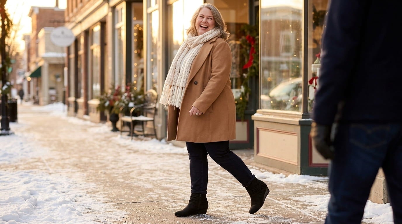 Smiling plus-size woman in a wool coat and ankle boots walking on a snowy sidewalk at golden hour