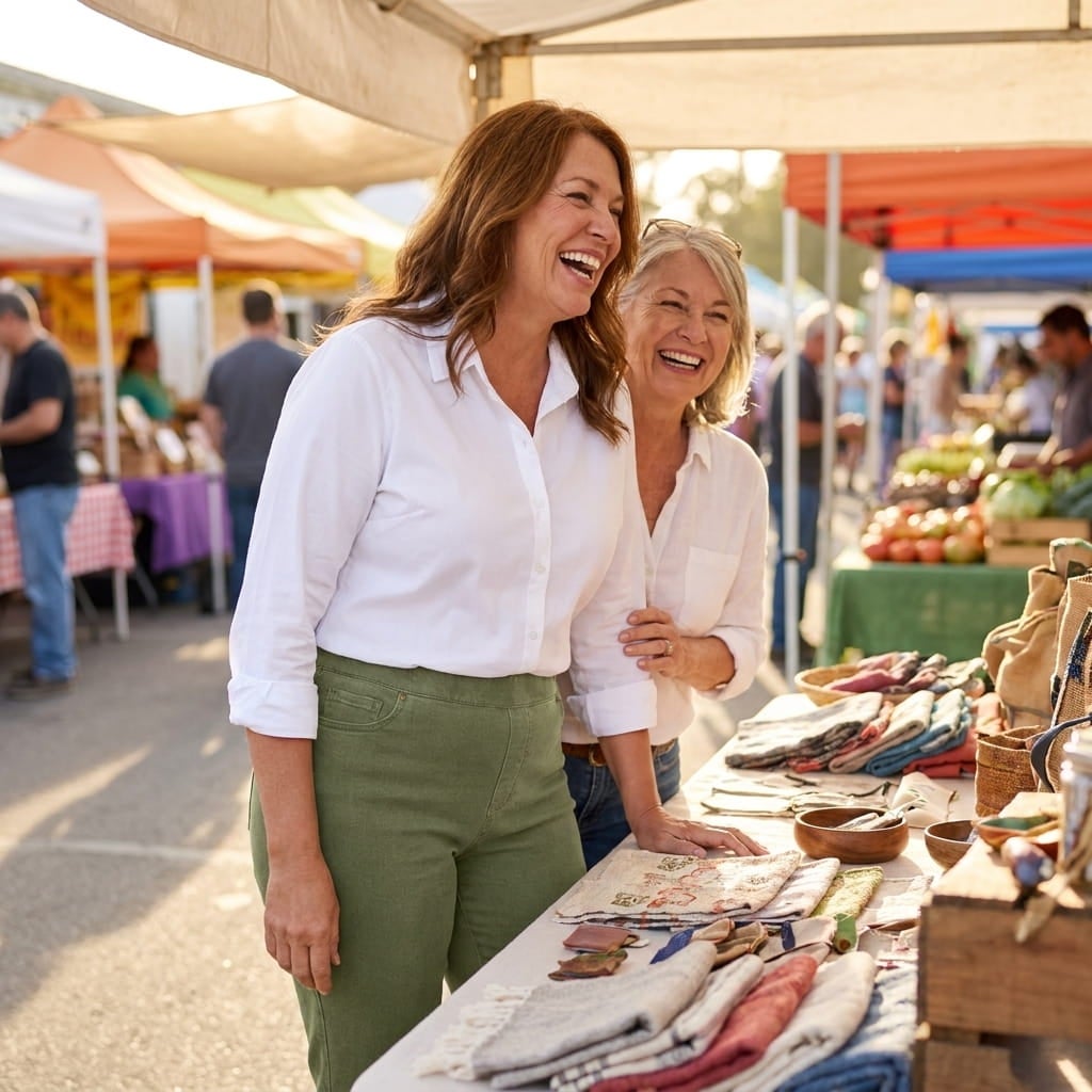 Plus-size woman in pull-on knit jeans and a blouse laughing at an outdoor market