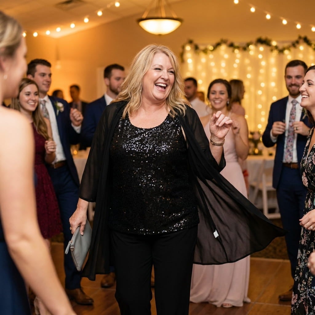 Plus-size woman dancing at a wedding reception in a sequin tank pant suit with a flowing cardigan