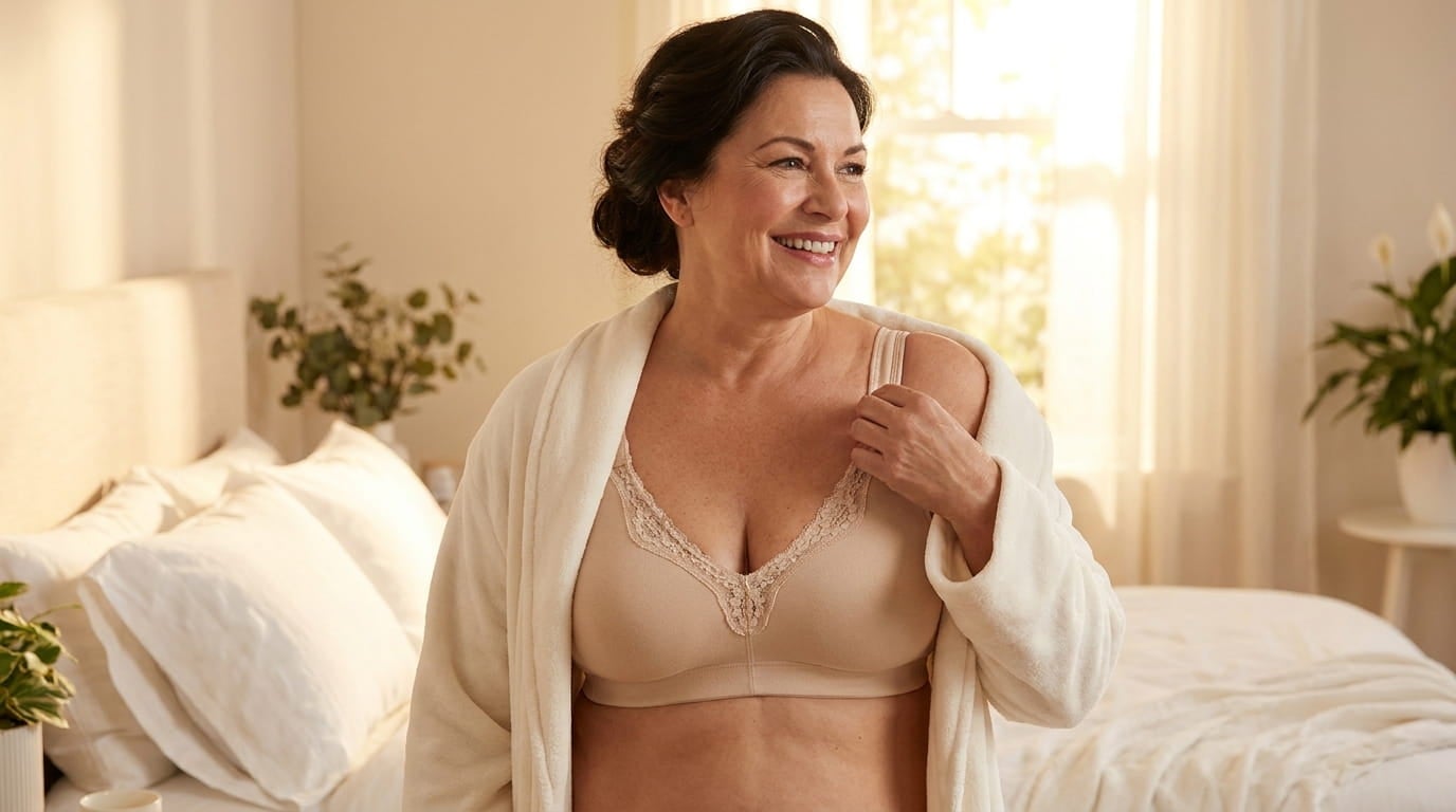 Smiling plus-size woman adjusting the strap of a wireless full-coverage bra in a sunlit bedroom