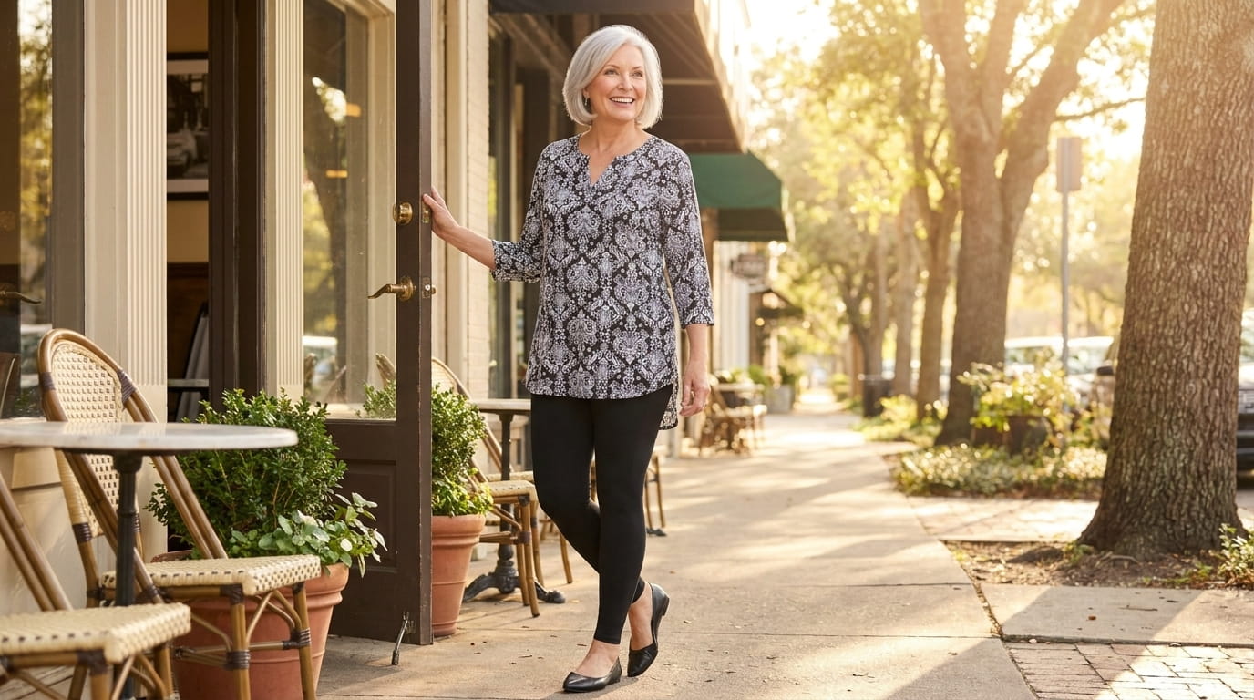 Smiling silver-haired plus-size woman in leggings and a long tunic walking outside a sunny cafe