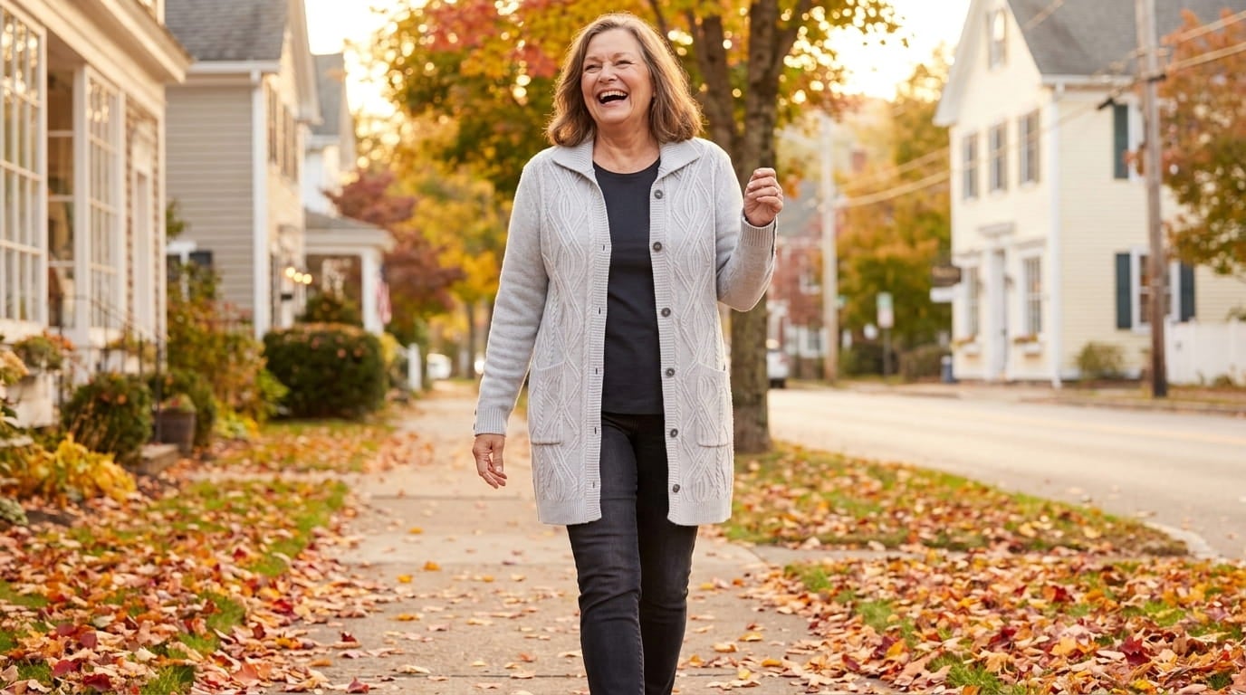 Smiling plus-size woman in a long shawl-collar sweater cardigan and slim jeans walking on an autumn sidewalk
