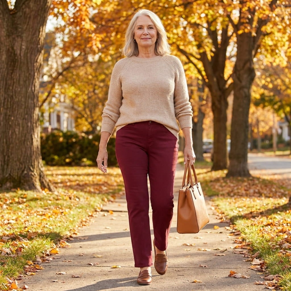 Plus-size woman walking on an autumn sidewalk in straight-leg sateen pants and a neutral knit top