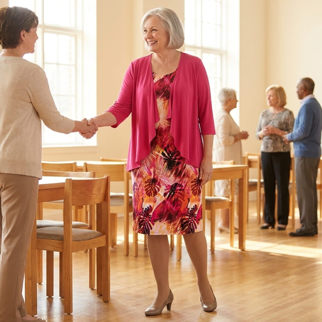 Woman in a sleeveless shift with an open-front cascade jacket and sheer pantyhose greeting a friend indoors