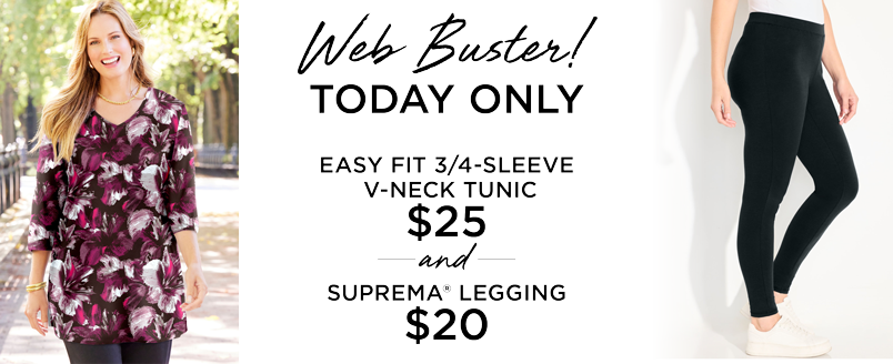WEB BUSTER $25 EASY FIT 3/4 SLEEVE TUNIC & $20 SUPREMA LEGGING