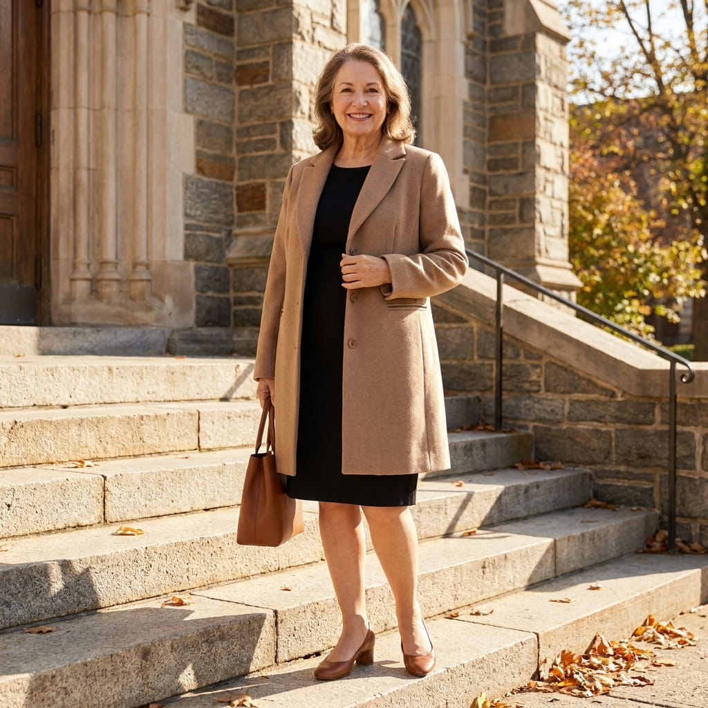 Woman in a knee-length wool coat over a dress standing on church steps in autumn sunlight
