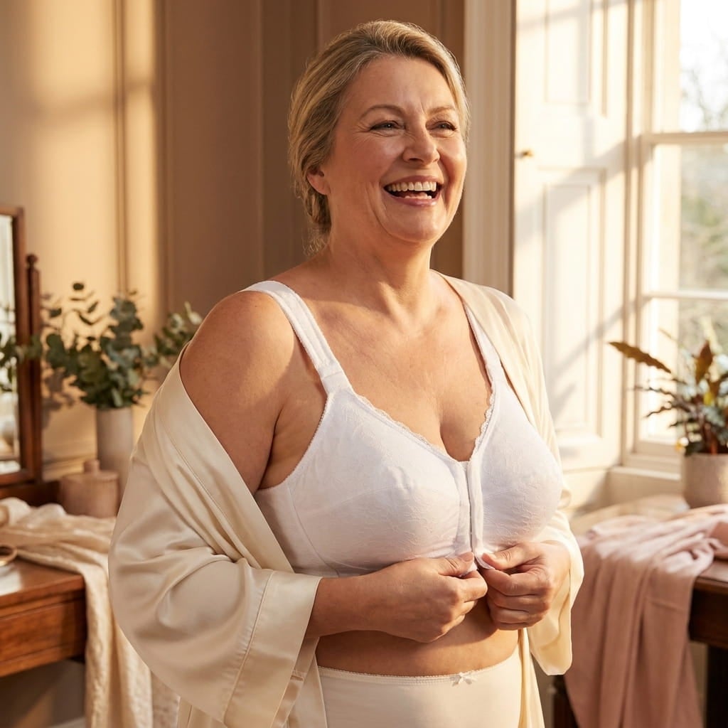 Smiling plus-size woman fastening the front closure of a wireless posture bra by a sunny window