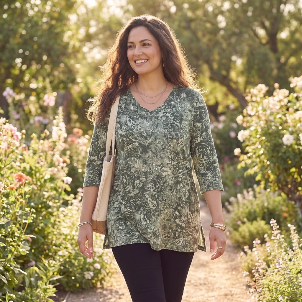 Petite plus-size woman in a V-neck tunic with side slits worn over leggings on a garden path