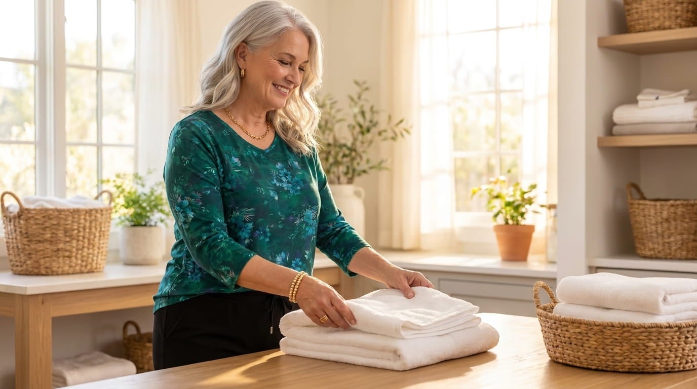 Smiling woman in her 60s wearing a knit pull-on pant while folding laundry in a sunlit room