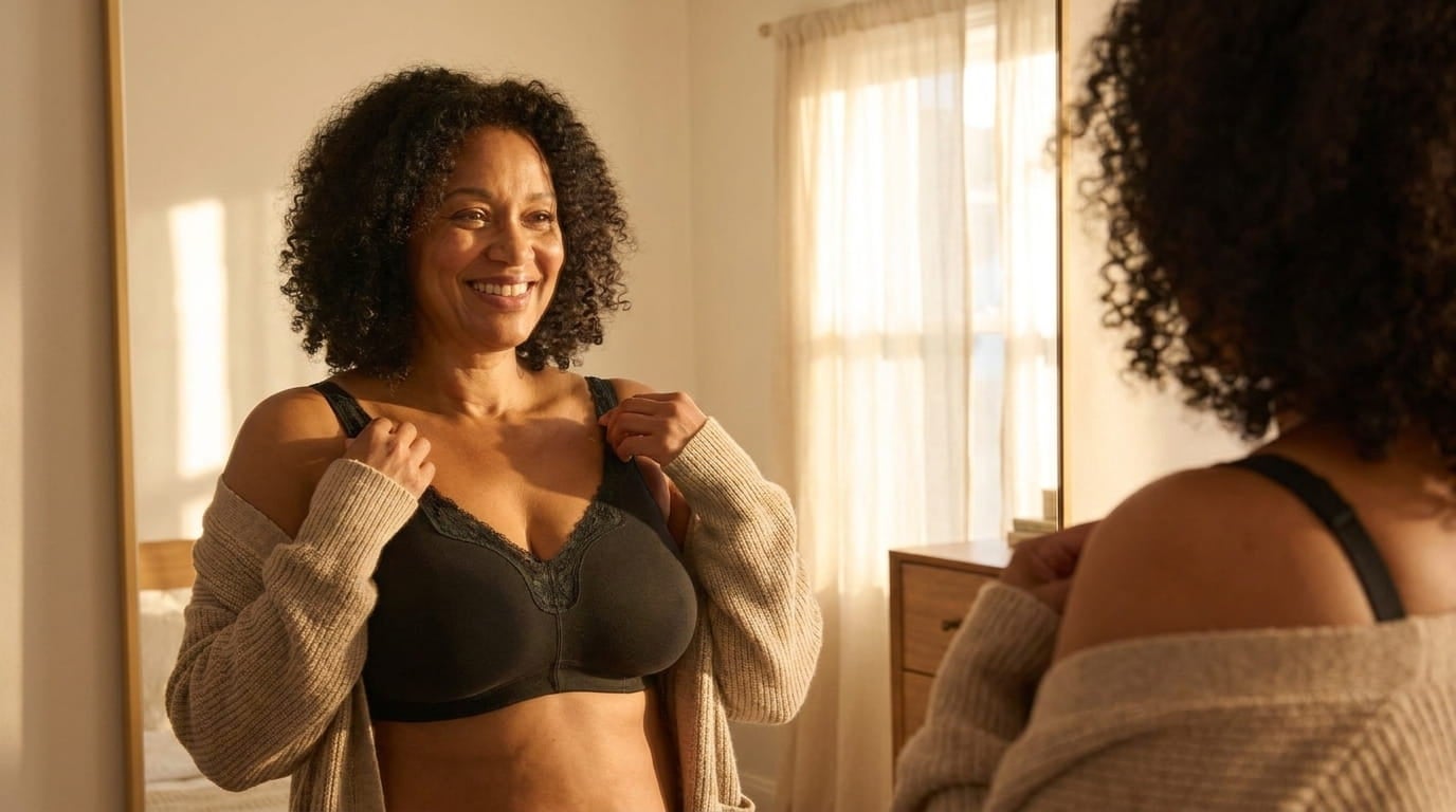 Smiling plus-size woman adjusting the strap of a wireless cotton bra in front of a sunlit bedroom mirror