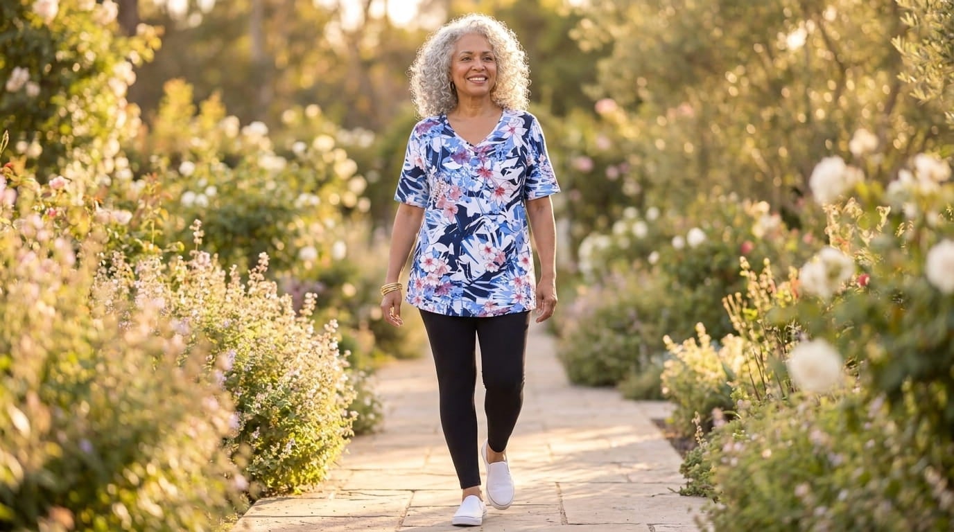 Plus-size woman in a short sleeve V-neck tunic and leggings walking on a sunny garden path