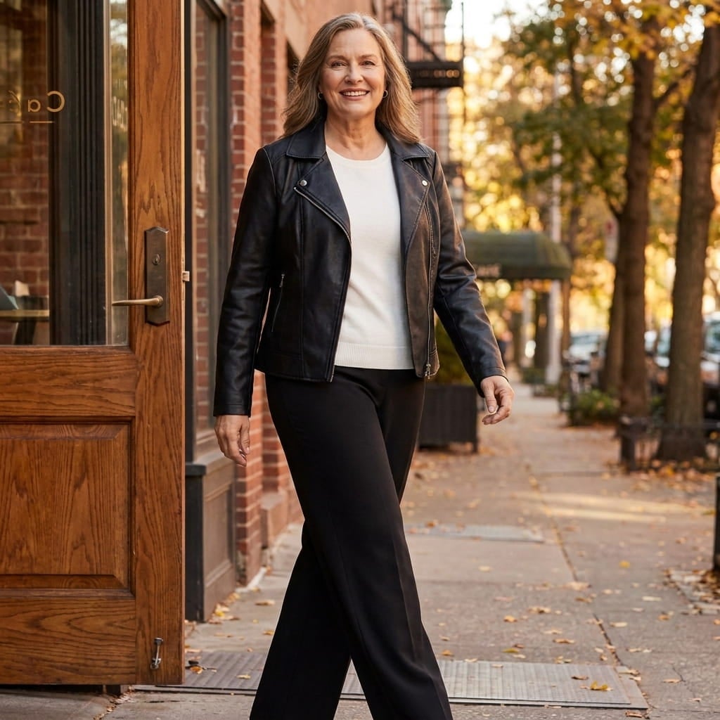 Plus-size woman in her 60s in a leather-look jacket and straight-leg pull-on pant on an autumn city street