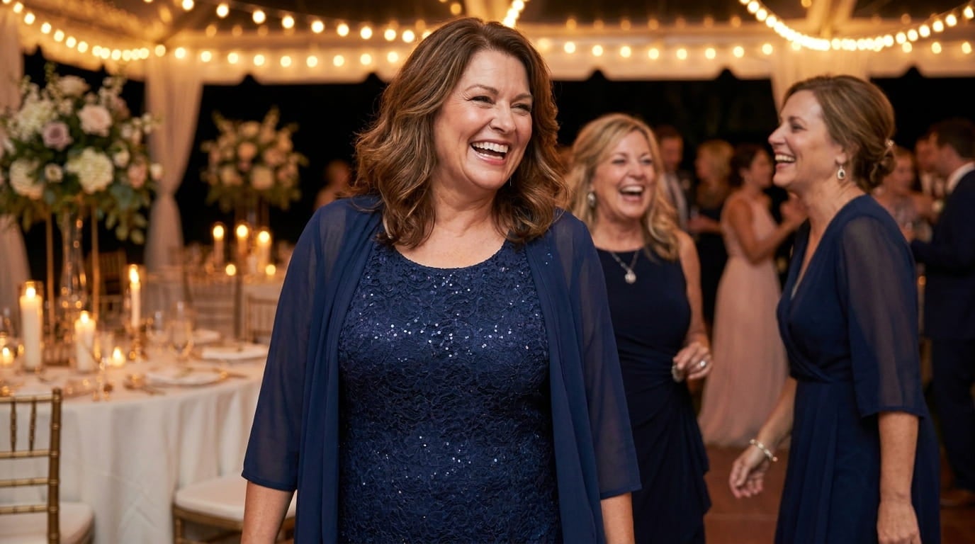Smiling plus-size woman in a lace jacket dress laughing with friends at an evening wedding reception
