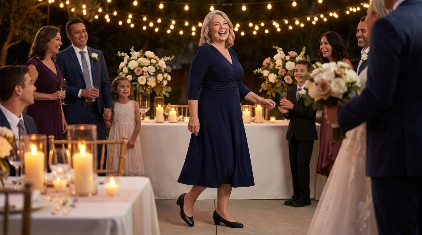 Plus-size woman in a block heel pump and midi dress walking through a candlelit wedding reception