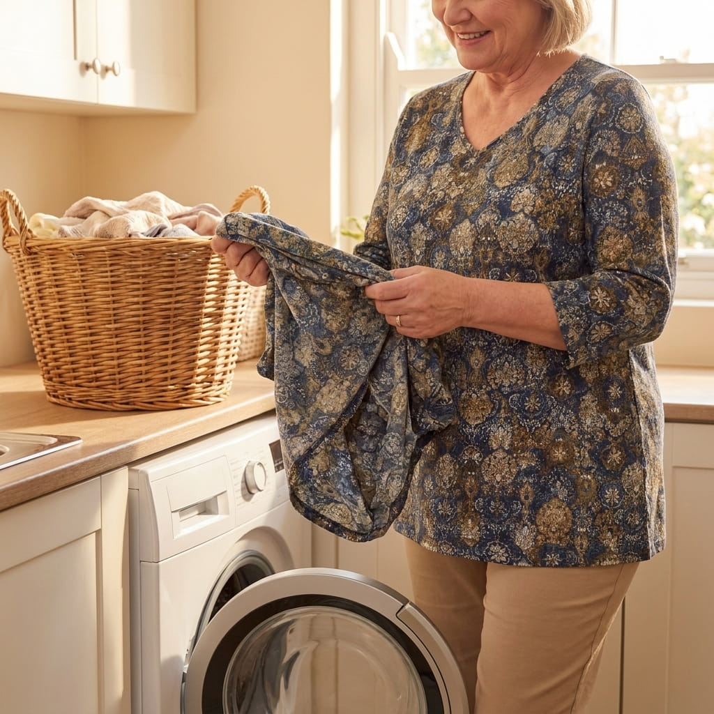 Woman turning a V-neck knit tee inside out beside a front-loading washing machine