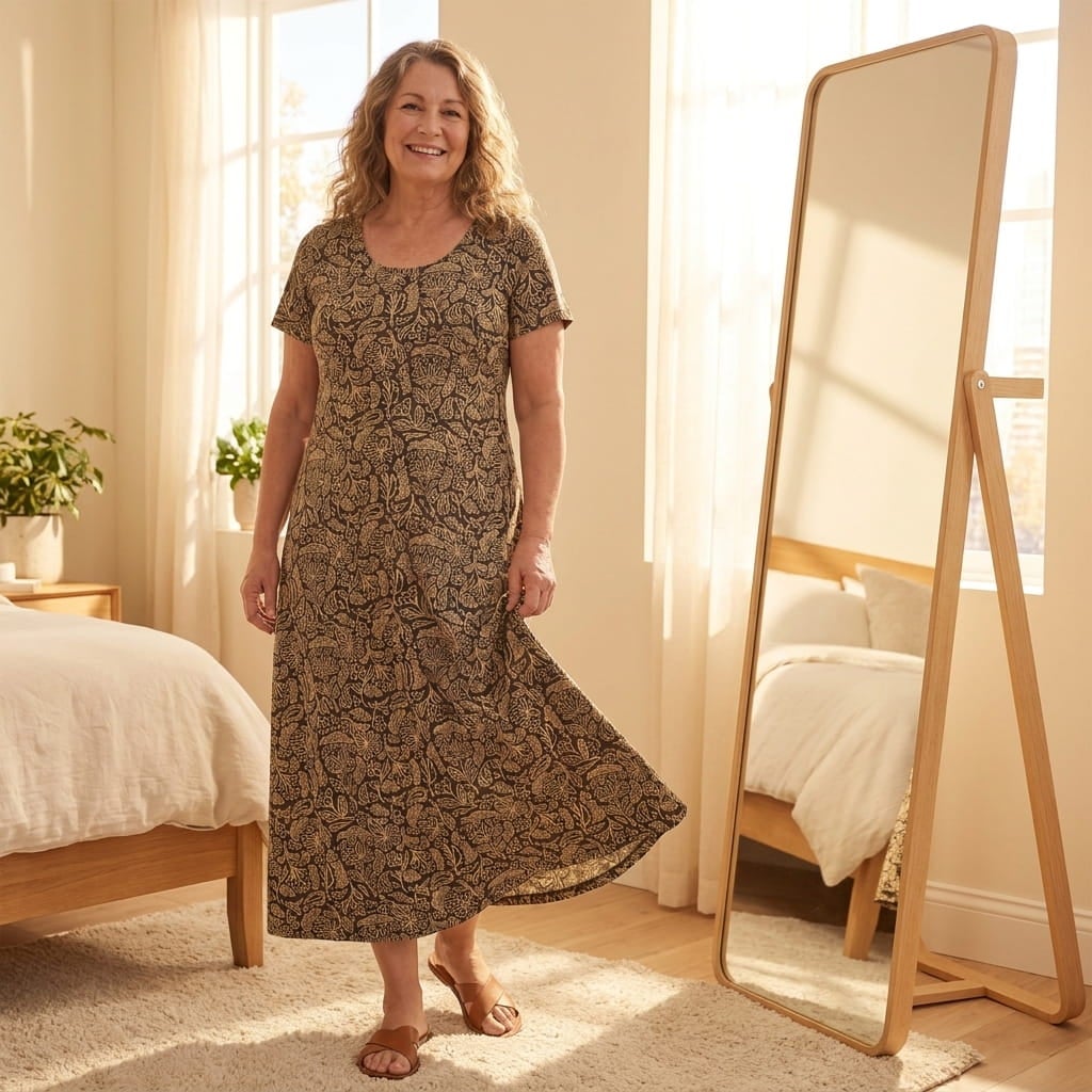 Smiling plus-size woman in a short sleeve stretch cotton maxi dress checking where the hem falls in a mirror