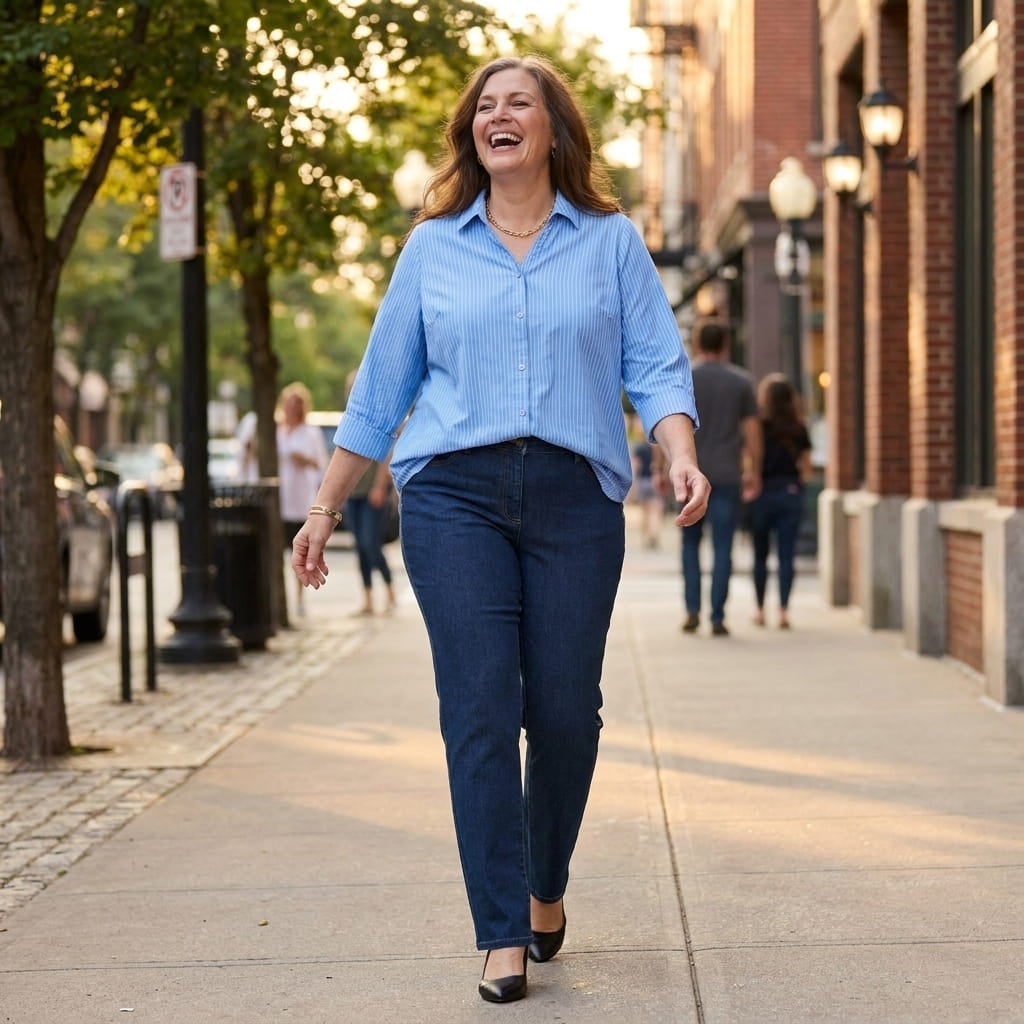 Laughing plus-size woman in straight leg stretch jeans walks along a sunny city sidewalk