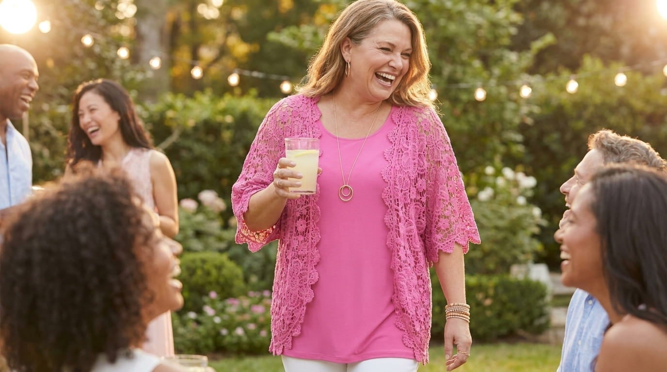 Smiling plus-size woman in a crochet kimono over a sleeveless maxi dress at a sunny garden party