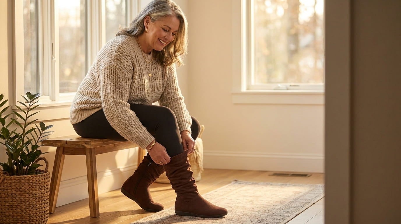 Smiling plus-size woman seated on a bench zipping a knee-high boot over leggings in warm window light