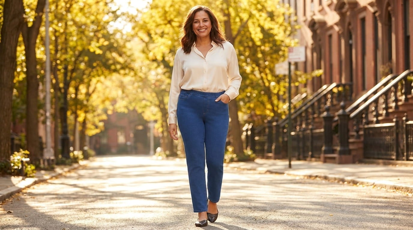 Smiling plus-size woman in pull-on knit jeans and a soft blouse walking along a sunny tree-lined street