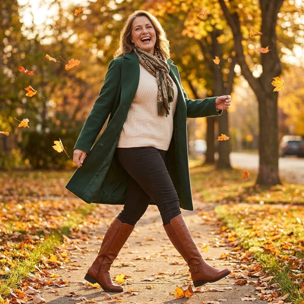 Laughing plus-size woman walking down an autumn sidewalk in knee-high boots, slim pants and an open coat