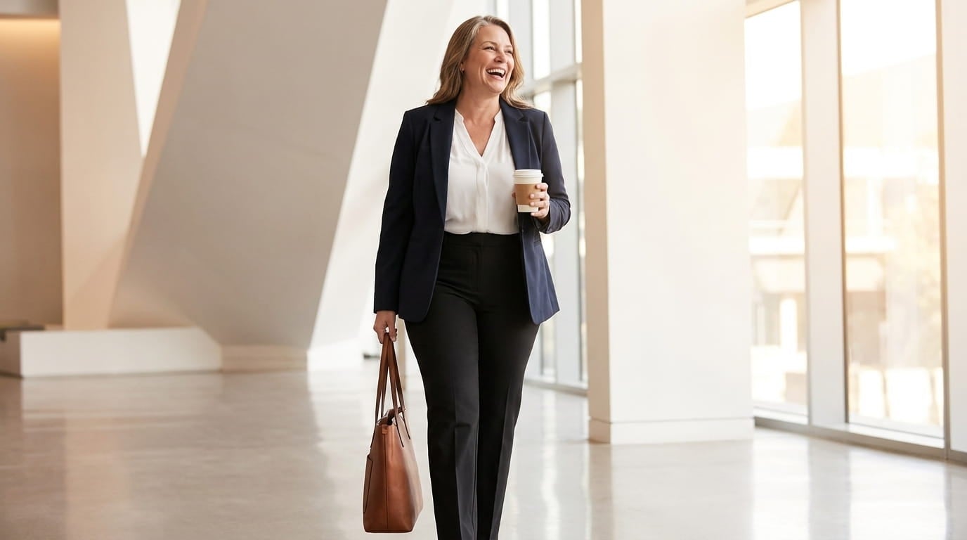Plus-size woman in a straight-leg curvy-fit work pant, blouse and blazer walking through a bright office lobby