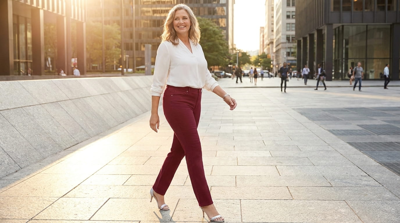 Smiling plus-size woman in straight-leg stretch sateen pants and a soft blouse walking through a sunlit city plaza