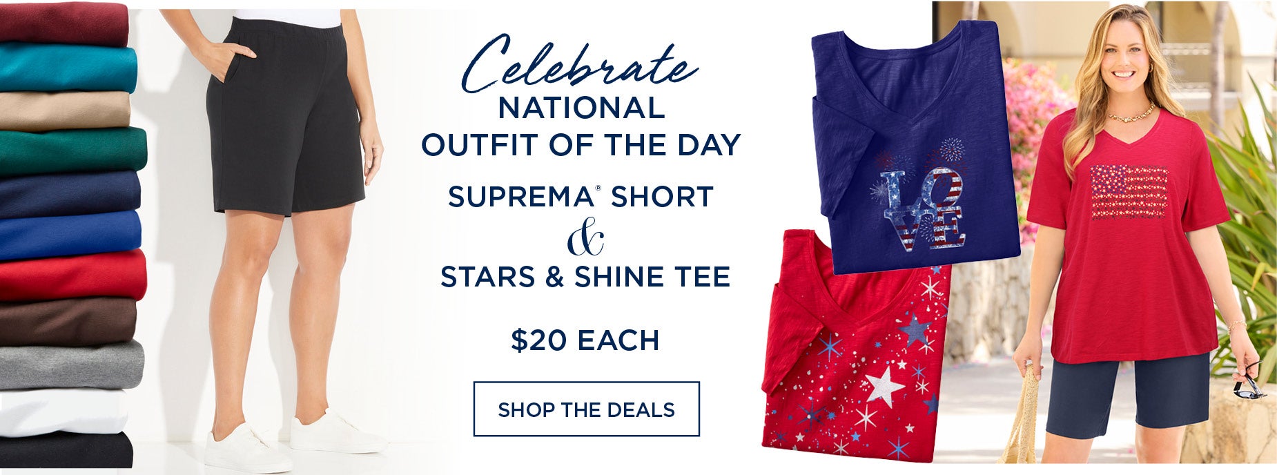 CELEBRATE NATIONAL OUTFIT OF THE DAY WITH SUPREMA SHORT AND STARS AND SHINE TEE, NOW $20 EACH