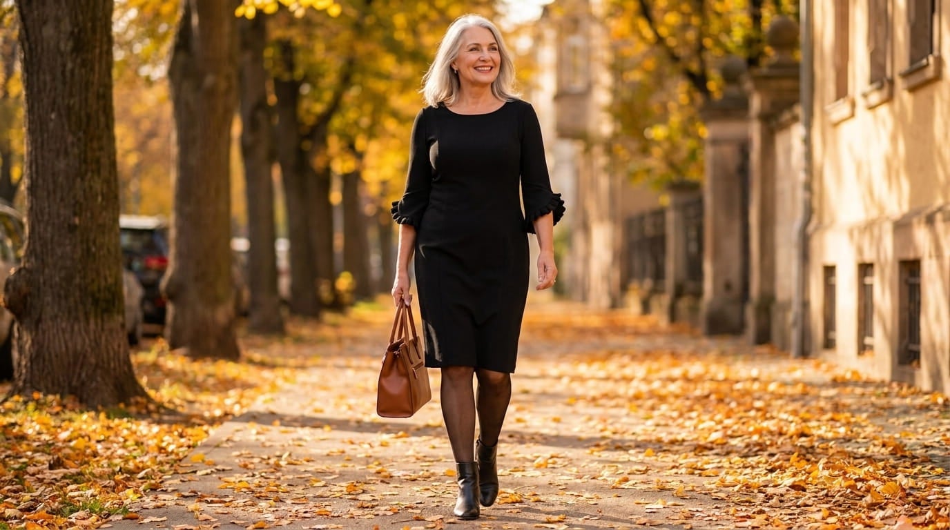 Smiling woman walking on an autumn sidewalk in a 3/4-sleeve shift dress with sheer pantyhose and ankle boots