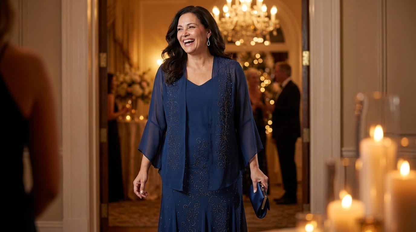 Plus-size woman in a long beaded dress set with jacket arriving at an evening gala
