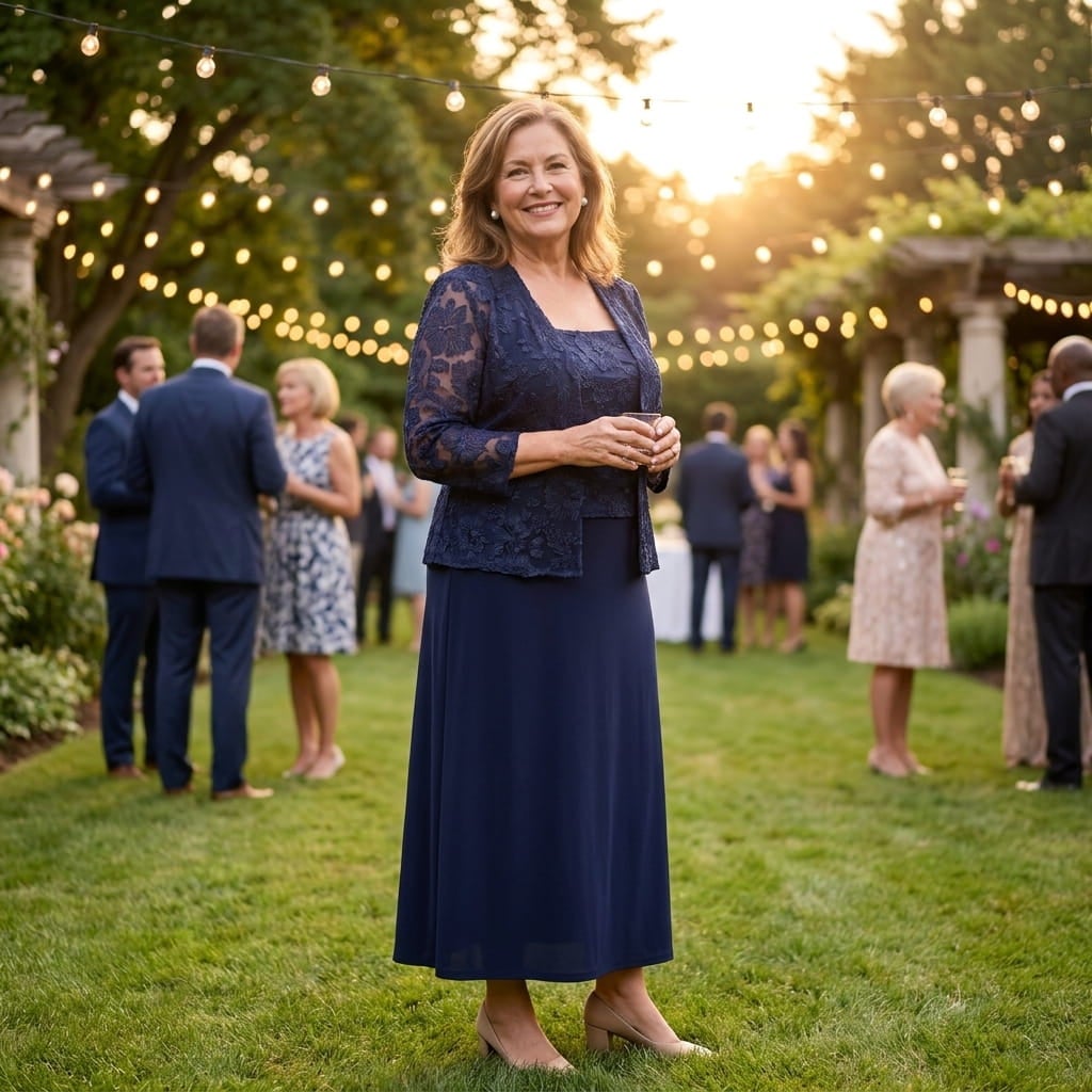 Plus-size woman in an embroidered maxi dress with its matching jacket at an evening garden party