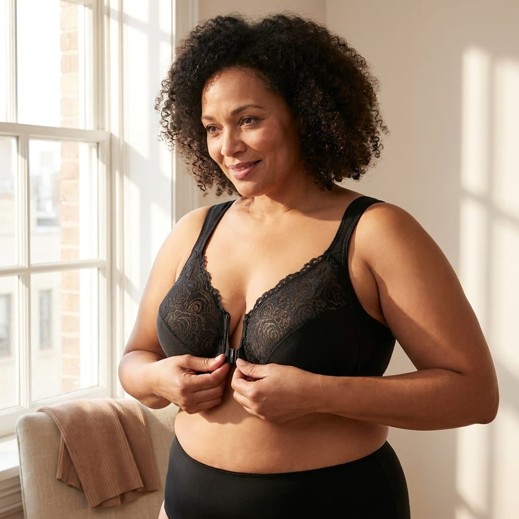 Plus-size woman smiling as she fastens a front-close underwire bra with lace-topped cups by a window