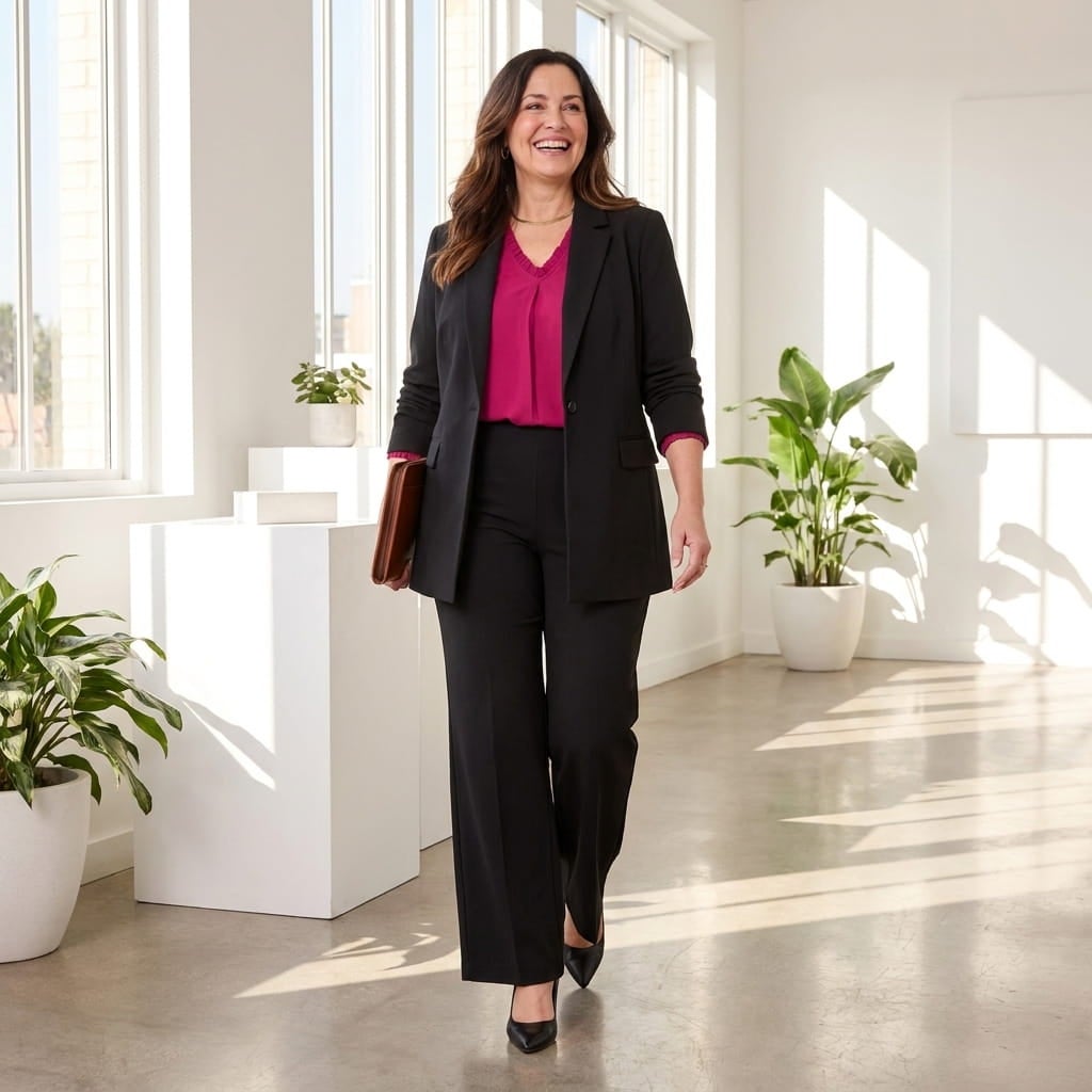 Plus-size woman in her 60s walking through a bright office in a flat-front pull-on pant, blouse and jacket