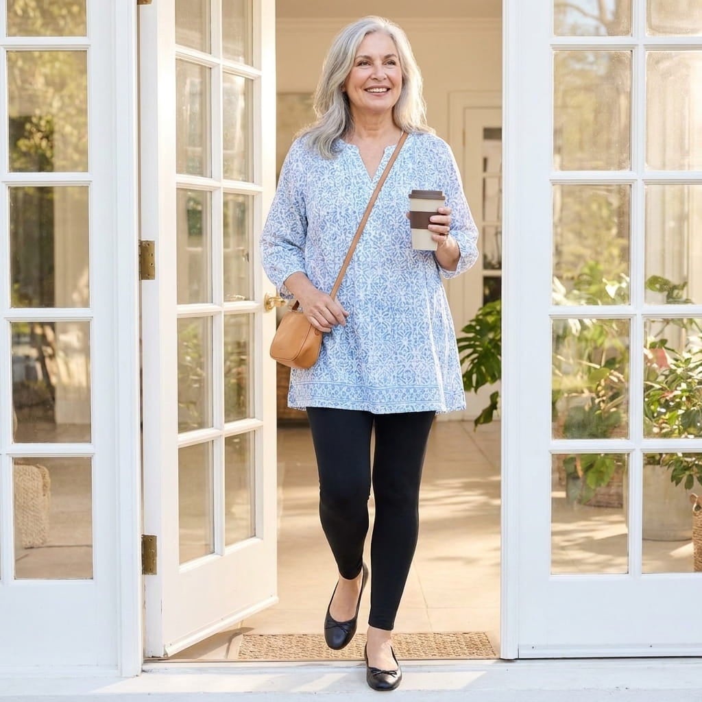 Plus-size woman in leggings, a long tunic and ballet flats stepping out of a sunny doorway