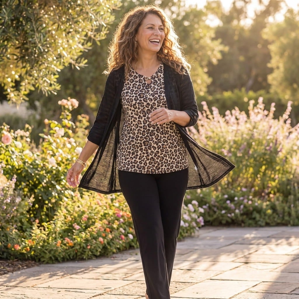Plus-size woman in her 60s walking on a patio in a lightweight open-front cardigan over a sleeveless tank