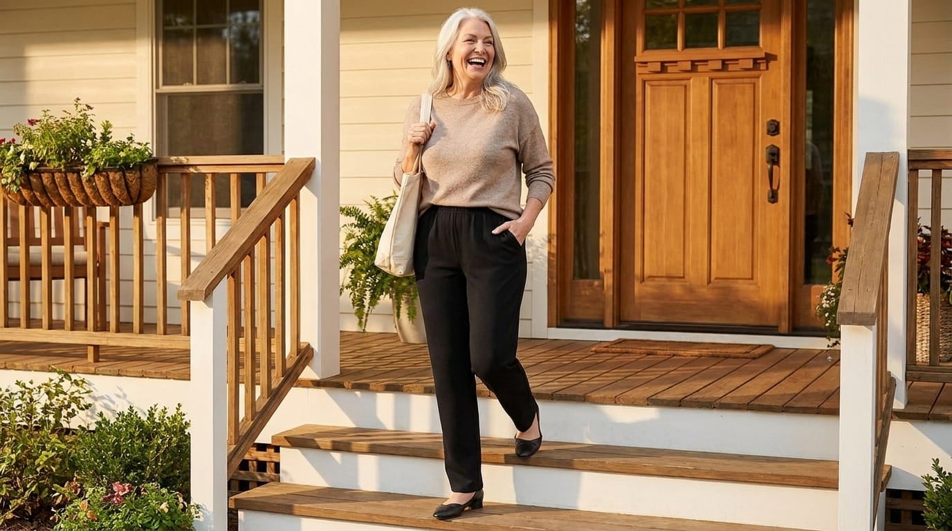 Smiling plus-size woman in her 60s stepping off a sunny porch in pull-on pants, one hand in a pocket