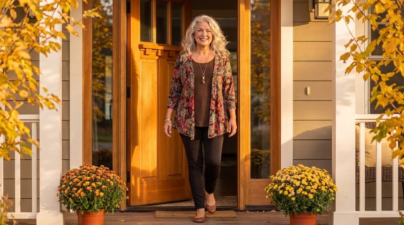 Smiling plus-size woman on an autumn porch in a cardigan-and-tank one-piece top with 3/4 sleeves