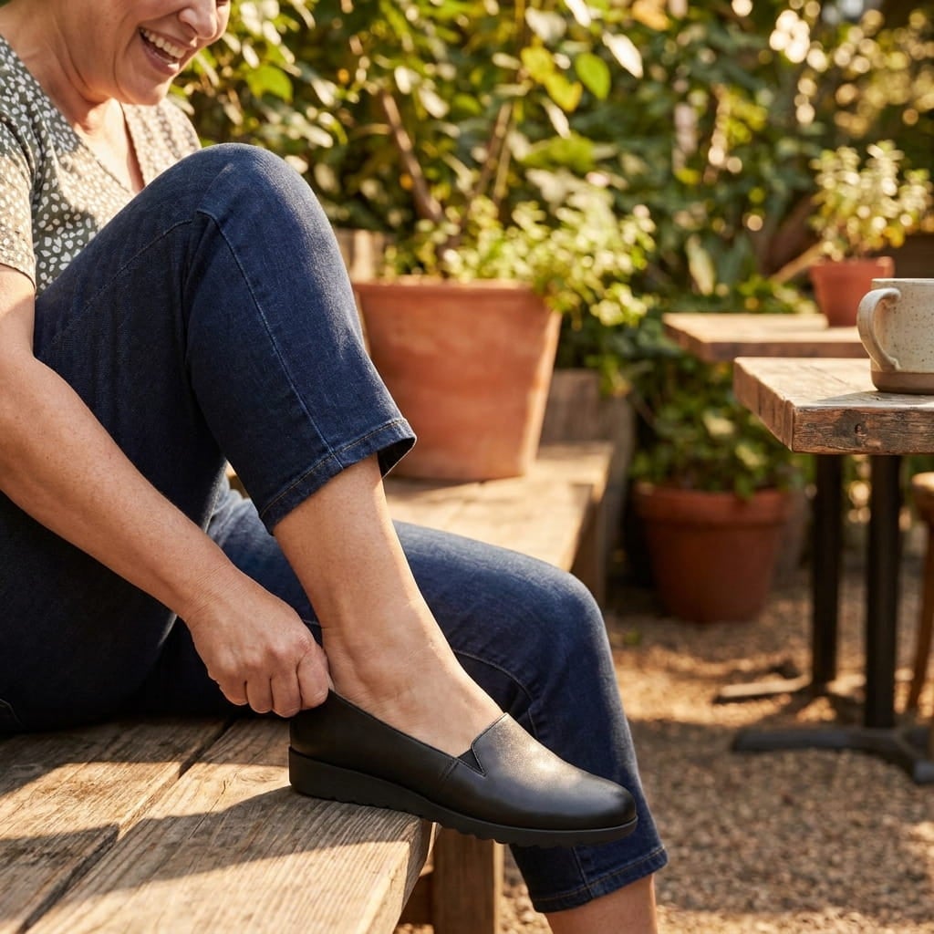Plus-size woman slipping her foot into a leather-like slip-on flat with elastic gore on a sunny garden bench